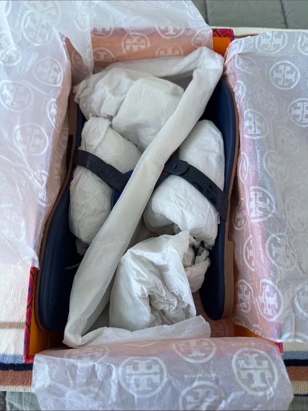 Tory Burch Navy Kids Logo Flip Flop with Rainbow Emblem